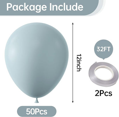 KALOR 12 Inch Retro Mist Blue Balloons, 50 Pcs Latex Helium Balloons for Kid's Birthday Party, Baby Shower, Wedding, Graduate Party Decorations