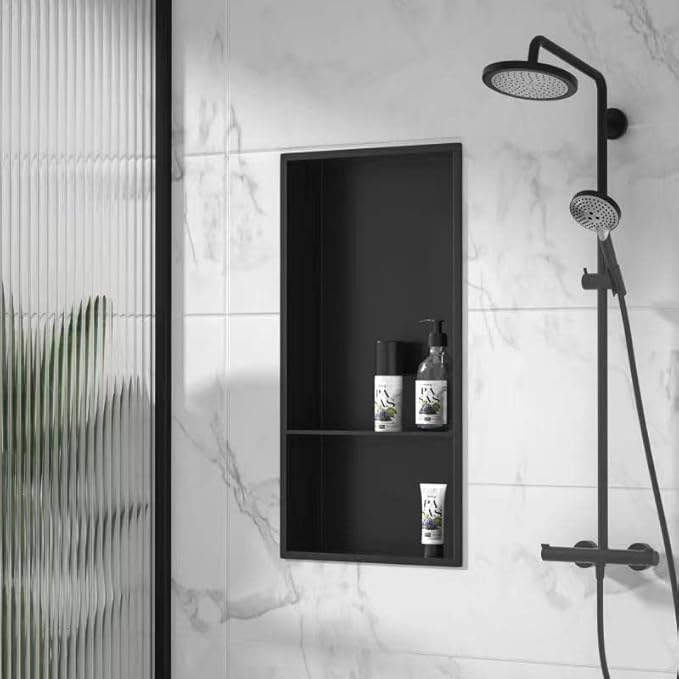 Stainless Steel Shower Niche Matte Black 24" X 12" No Tile Needed Wall Niche Double Recessed Shower Shelf for Bathroom Over Mount Installation