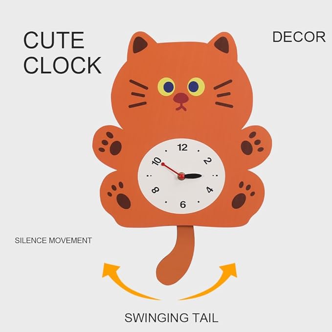 FASHION in THE CITY Adorable Cat Themed Swing Wall Clock - Silent Non-Ticking Pendulum Clock, Easy to Read Analog Clock for Cat Lovers, Nursery, Kitchen, Cute Home Decor Gift (YBZ001-Brown)