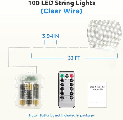 Battery Operated String Lights (2 Pack), 33ft 100 LED Fairy String Lights Battery Powered w/Remote & Timer for Indoor Outdoor Christmas Trees Wreath Decoration Bedroom Patio - Cool White