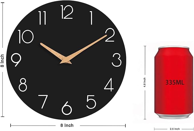 Wall Clock, Black Silent Non-Ticking, Decorative Battery Operated Wall Clocks for Bedroom, Kitchen, Home, Office, School, Hotel (8 Inch)