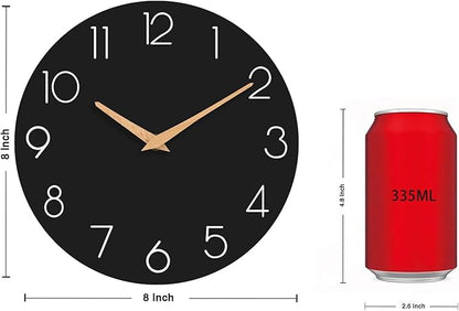 Wall Clock, Black Silent Non-Ticking, Decorative Battery Operated Wall Clocks for Bedroom, Kitchen, Home, Office, School, Hotel (8 Inch)