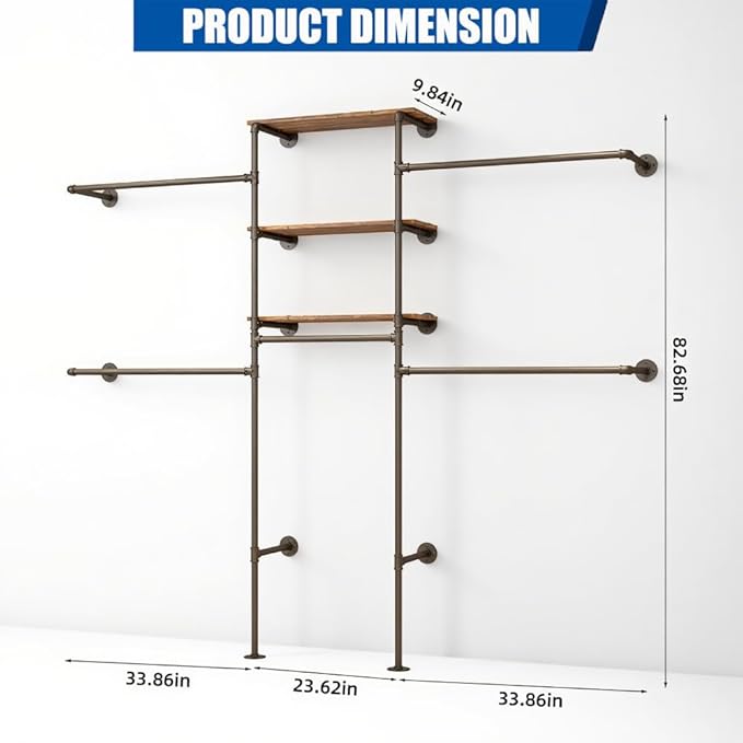 Industrial Pipe Clothing Rack - Heavy Duty Wall Mounted Clothes Rack, Corner Closet System, DIY Wardrobe Organizer with Shelves, Walk in Closet Storage (BLACK, 94.5")