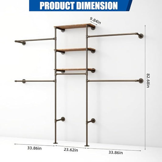 Industrial Pipe Clothing Rack - Heavy Duty Wall Mounted Clothes Rack, Corner Closet System, DIY Wardrobe Organizer with Shelves, Walk in Closet Storage (BLACK, 94.5")