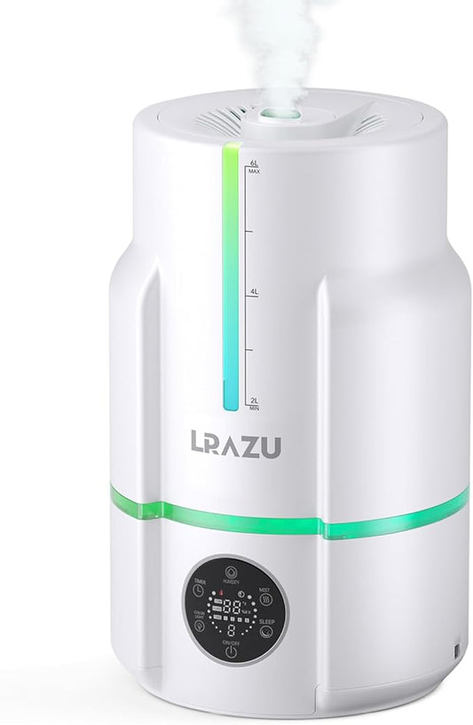 6L Humidifiers for Bedroom, 60H Runtime 26 dB Quiet Supersized Cool Mist Air Humidifiers for Large Room, Baby Nursery, Plant, Indoor, Night Light, Easy to Clean, Precise Humidity Control