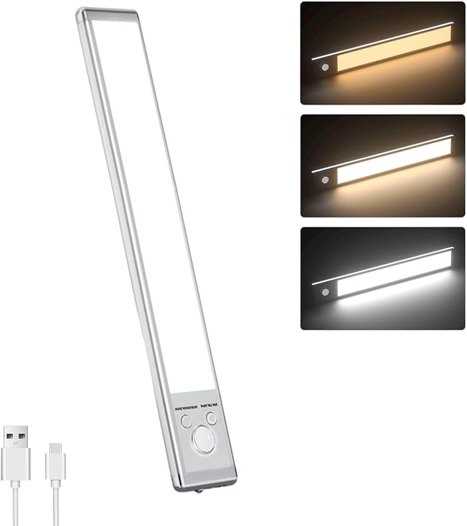 Motion Sensor Under Cabinet Lighting-Magnetic Rechargeable Closet Lights for Kitchen,Stairs,Wardrobe | 3-Color Dimmable LED Under Counter Lighting | Cord-Free Light Bars