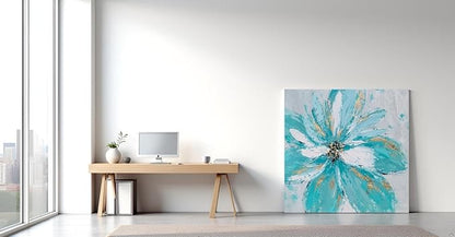 Yihui Arts Hand Embellished Floral Canvas Wall Art with Textured Details & Gold Foil Accents, Modern Teal Flower Painting for Home Decor