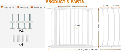 Wide Baby Gate for Stairs, Doorways, Hallways - Pressure Mounted - Walk Through - Dogs & Kids Gates - 38.5 to 43.5 Inch Wide
