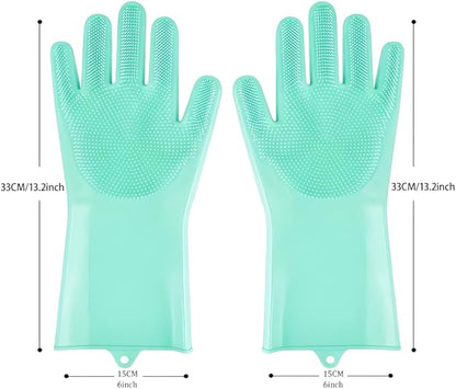 1 pairs Silicone Dishwashing & Pet Grooming Gloves - 2-in-1 Heat Resistant Gloves with High-Density Teeth, Enhanced Five Finger Design for Bathing, Cleaning Dishes, Cars, Dogs & Cats(Green)
