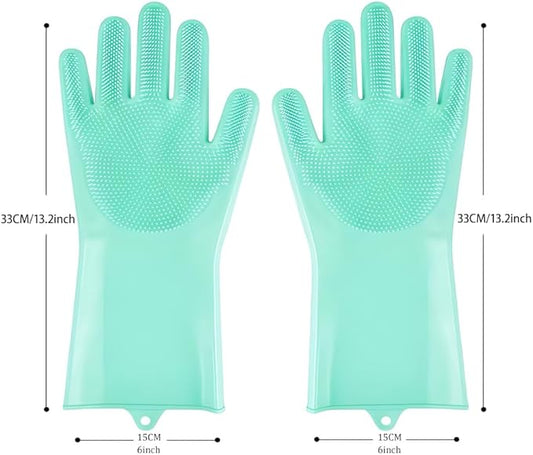 2 pairs Silicone Dishwashing & Pet Grooming Gloves - 2-in-1 Heat Resistant Gloves with High-Density Teeth, Enhanced Five Finger Design for Bathing, Cleaning Dishes, Cars, Dogs & Cats(Green)
