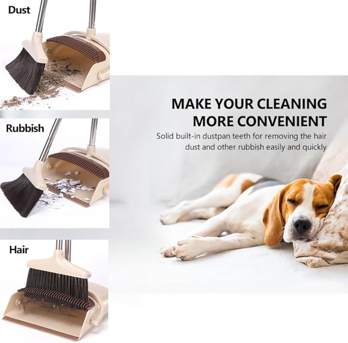 Broom and Dustpan Set with 57.4 Inch Adjustable Stainless Steel Handle, Upright Foldable Design, Beige and Brown, Heavy Duty with Built-in Teeth