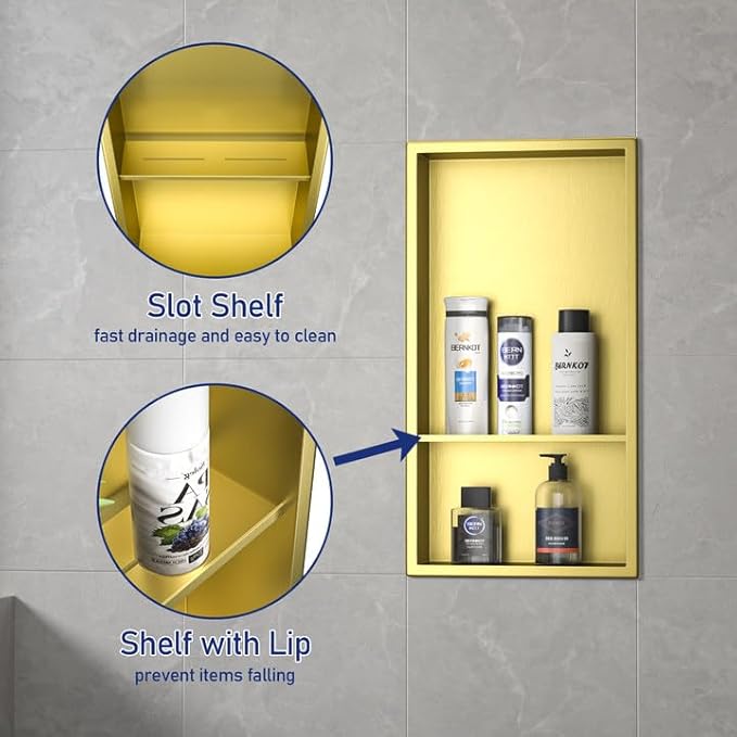 Stainless Steel Shower Niche 12" X 24" Gold with Double Shelves No Tile Needed Niche Shower for Bathroom Storage Recessed Shower Shelf Over Mount Installation
