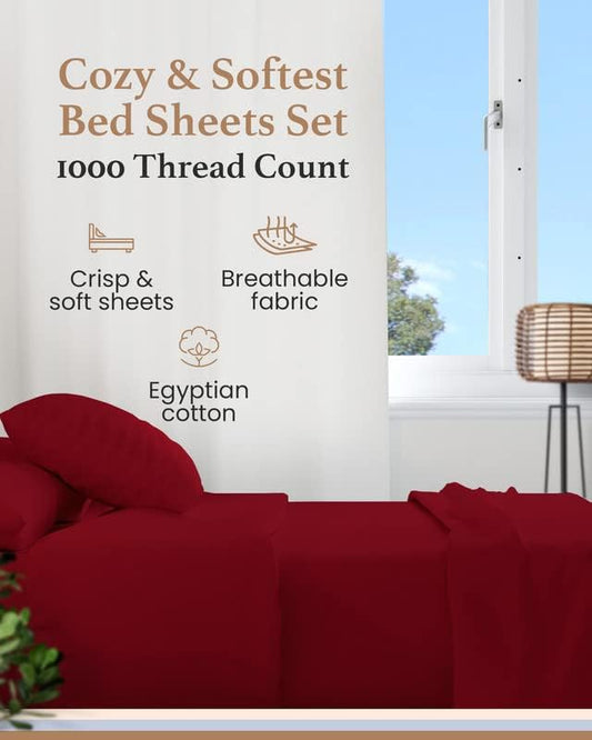 Good Sleep Bedding Egyptian Cotton - 1000 TC, 4 Pc Cooling Bed Sheets, Solid Sateen Weave, Ultra Soft 16" Deep Pocket, Burgundy Queen Sheets Set