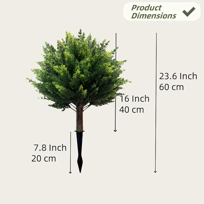 Artificial Cedar Topiary Ball Tree with Ground Spike 23.6", Set of 2 Outdoor Faux Plants UV Resistant Fake Bushes Shrubs for Garden, Yard, Porch, Patio Decor