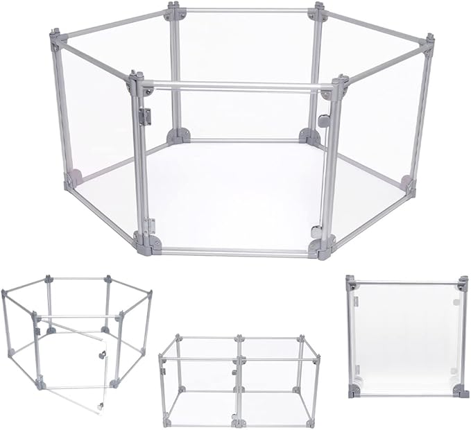 Front Row Foldable Dog Playpen – Durable and Portable Puppy Playpen for Exercise, Rest & Play – Clear Fence Panels with Aluminum Rods and Crate for Dogs and Other Small Pets (Silver, 6-Panel)