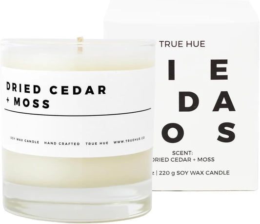 True Hue | Luxury Highly Scented Candle | Premium Soy Wax Blend | 7.75 oz | 40-50 Hour Burn Time | Cotton Wick | Natural Candles | Glass (Dried Cedar + Moss)