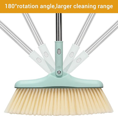 Broom and Dustpan Set,Long Handle Broom and Dustpan Set,Broom with Stand Up Dustpan Combo Set,for Home, Office, Lobby(Green)