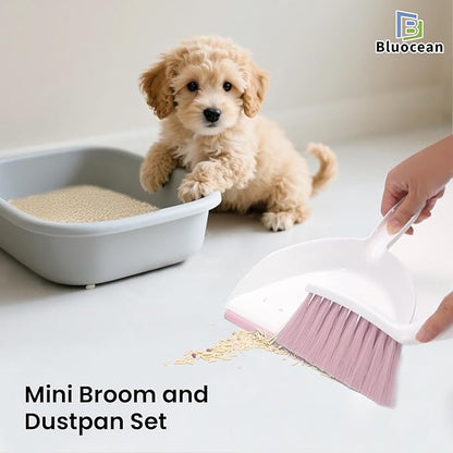 Mini Broom and Dustpan, Plus an Adhesive Hook Set, 7" Dustpan Opening, Bristles for Hair and Small Debris, Mini Portable Hand Brush for Pet, Sofa, Desk, Kitchen(White & Blush Pink)