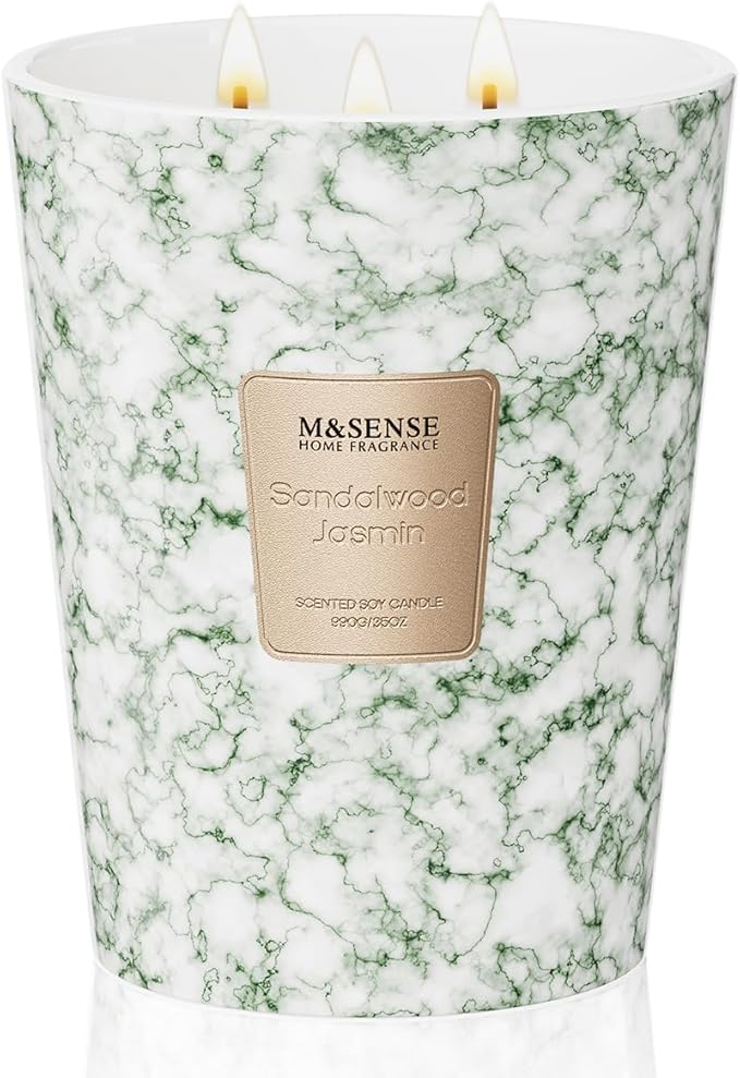 M&SENSE Sandalwood Jasmine Scented Candles for Home, 3-Wick Highly Scented Jar Candles, Extra Large Candle 35 Oz 150 Hours Long Lasting Burning, Relaxing Aromatherapy Candle for Stress Relief