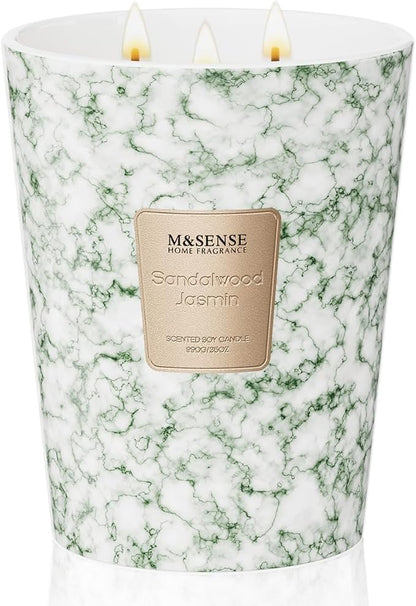 M&SENSE Sandalwood Jasmine Scented Candles for Home, 3-Wick Highly Scented Jar Candles, Extra Large Candle 35 Oz 150 Hours Long Lasting Burning, Relaxing Aromatherapy Candle for Stress Relief