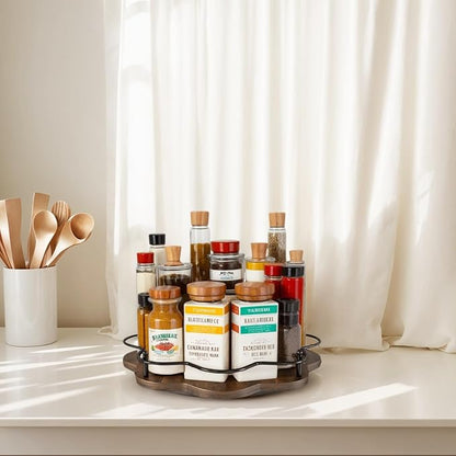 Wooden Lazy Susan Turntable Organizer for Cabinet, Table Top, Kitchen, Pantry, Bathroom, Vanity Countertop, Rotating Wood Lazy Susans Rack for Condiment, Seasoning, Spice Storage Organization(Petal)