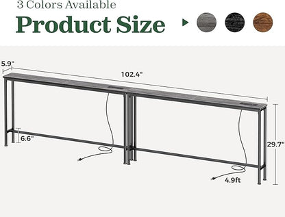 SUPERJARE 102.4 Inch Sofa Table with Power Outlets and USB-C Ports, 5.9 Inch Narrow Console Tables, Entryway Hallway Couch Tables with Storage, Behind Sofa, Small Spaces, Living Room, Grey