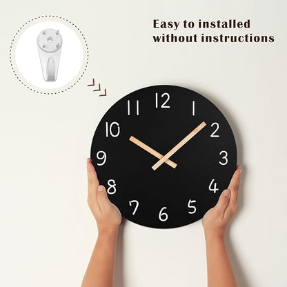 Plumeet 10'' Wooden Wall Clock Small Frameless Clocks with Silent Quartz Movement - Modern Style Village Wall Clocks Decorative Home Kitchen - Battery Operated (Black)