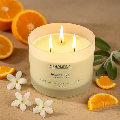 Scented Soy Wax Candle, 12.4 Oz Glass Jar, 70+ Hours Burn Time, Natural Essential Oils, Cotton Wick, Long Lasting Fragrance, Modern Contemporary Style (Lemon Lavender+Sage Citrus 2pack)