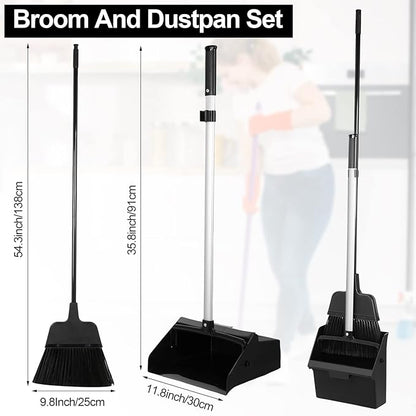 Mumufy 5 Set Lobby Dustpan with Broom Set Lobby Upright Dust Pan and Broom with Long Handle Heavy Duty Commercial Dustpan Combo for Restaurants Kitchen Office Home