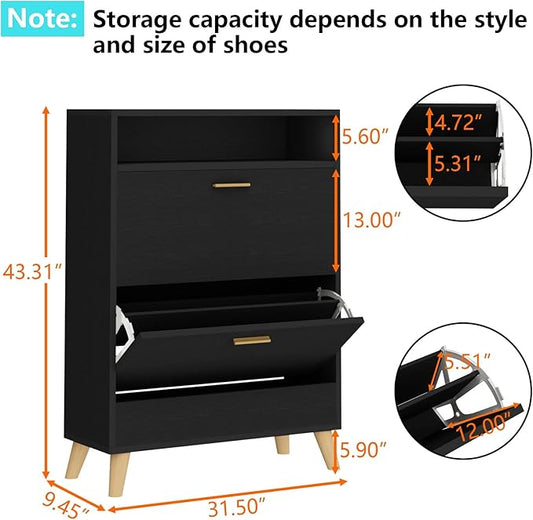 Shoe Storage Cabinets, 16 Pairs Free Standing Shoe Organizer with 2 Flip Drawers for Entryway, Narrow 3 Tier Entryway Hidden Shoe Rack with Doors (Dark Black)