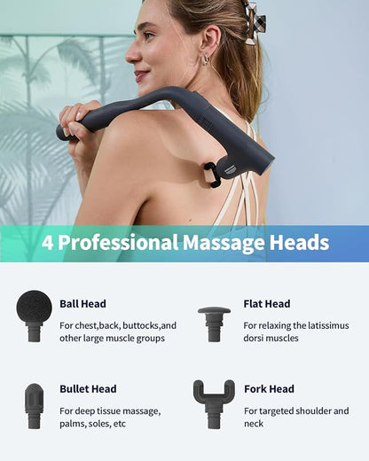 3-in-1 Detachable Massage Gun Deep Tissue, Ergonomic Extension Handle Back Massager for Pain Relief, Portable Percussion Muscle Massager for Shoulder, Thigh, Waist & Neck