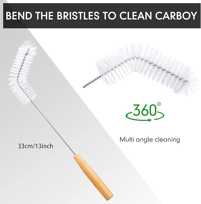 2 Pieces Nylon Carboy Cleaning Brush 13 Inch Long Gallon Jug Brush with Wood Handle Milk Bottle Cleaning Kit for 1 Gallon Glass Corny Kegs Wine Making Home Brewing