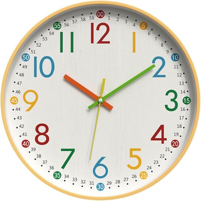 MO-N Silent 12-Inch Wall Clock, Non-Ticking Battery Operated Colorful Clock for Classroom, Bedroom, School, Analog Wall Clock for Time Teaching. (B Type)