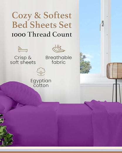 Split King Sheets Sets for Adjustable Bed Cotton, Luxury Sheets, 1000 TC Egyptian Cotton Sheets, 5 Piece 100% Cotton Split King Sheet Set, Sateen Sheets, 2 Fitted - 16" Deep Pocket, Purple