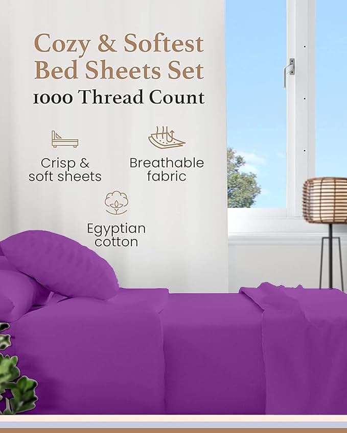 Good Sleep Bedding Full Size Sheets - 100% Egyptian Cotton Sheets Full Size, 4Pc, 1000 TC, Sateen Weave, Hotel Full Size Sheet Sets, Soft, Full Bed Sheets Deep Pocket Fits Upto 16" - Purple