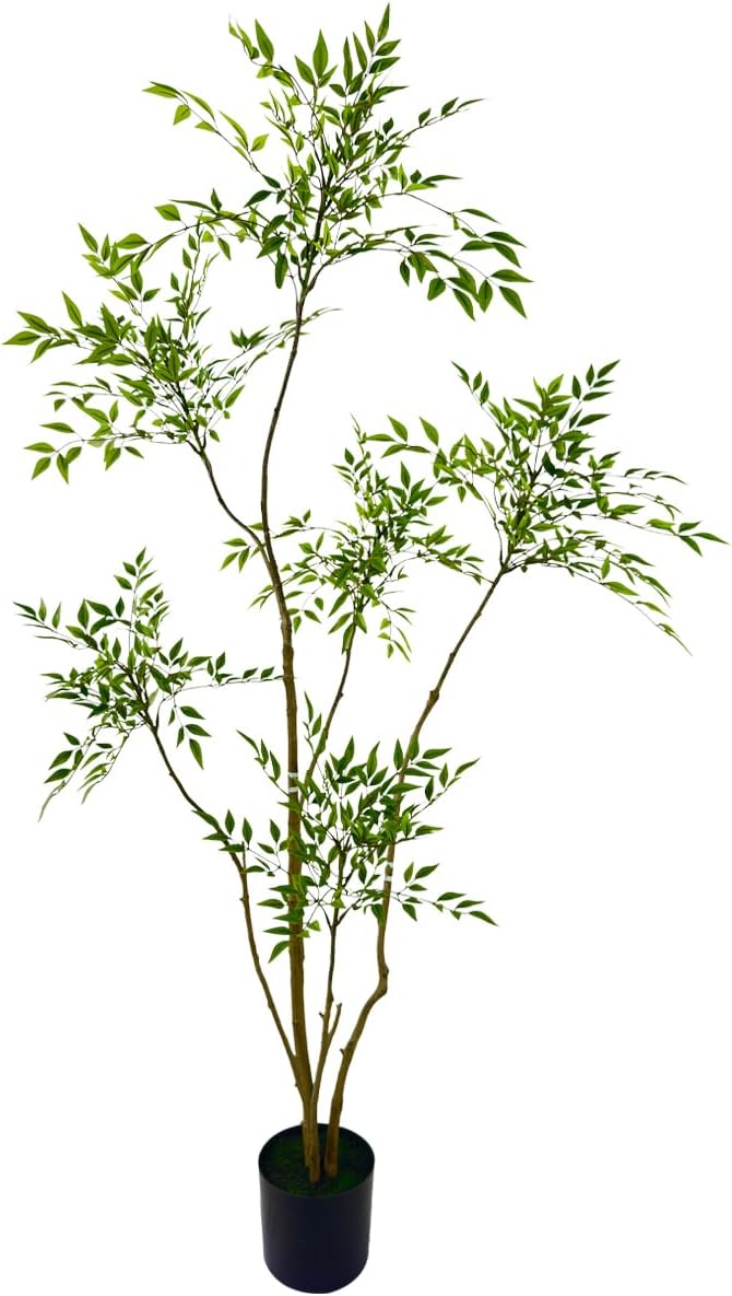 Artificial Nandina Domestica Tree, 6 ft Tall Indoor Plant, Potted Faux Greenery with Natural Stems