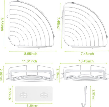 STEUGO 2-Pack Corner Shower with 4 Hooks Adhesive, Bathroom Shower Rack Rust Resistant SUS304 Stainless Steel for Dorm Bathroom Kitchen Storage (White)