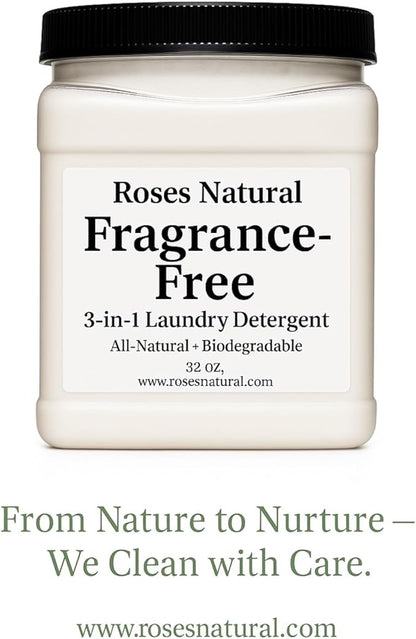 Fragrance Free 3-in-1 Laundry Powder Detergent – Plant-Based, Hypoallergenic, No Added Fragrance or Dyes, Safe for Sensitive Skin, Biodegradable & HE Machine Safe, 32 oz