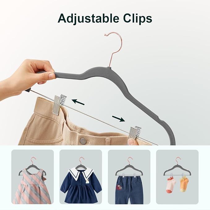 Baby Hangers with Clips, 14 Packs Kids Velvet Clothes Hangers, Heavy-Duty Childrens Pant Hangers for Shirts, Pants, Skirts, Dresses, Jackets, Coat Gray - Rose Gold Hook