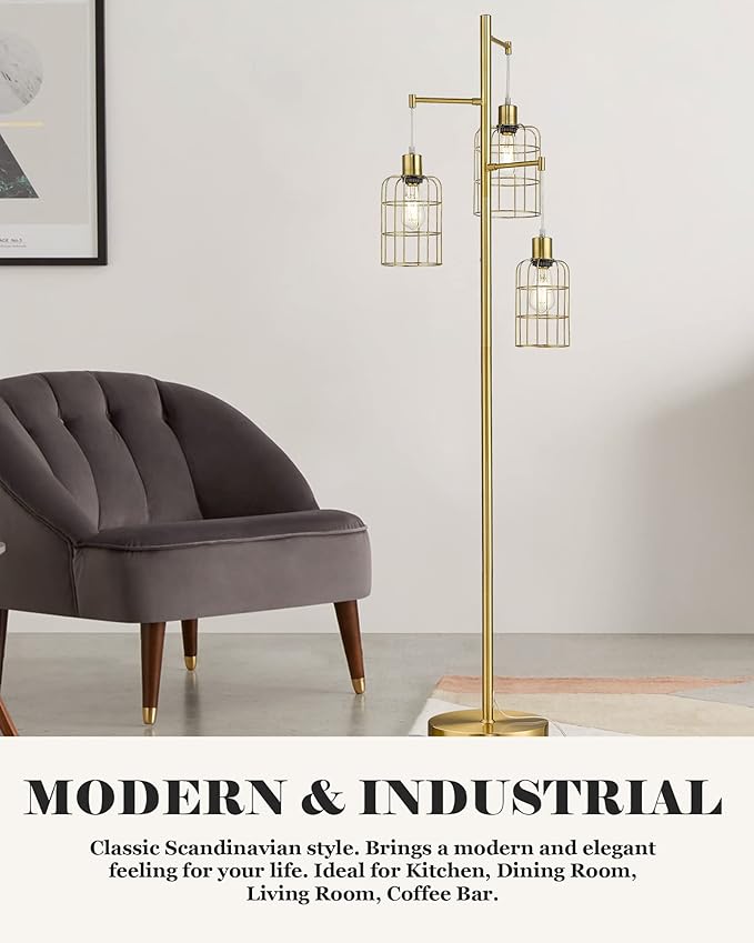 ELYONA Modern Dimmable Floor Lamp for Living Room, Gold Tree Standing Light with 3 Metal Cage Shades, Industrial 71” Tall Pole Floor Lamps for Bedroom Reading, Office, LED Edison Bulbs Included