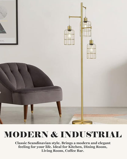 ELYONA Modern Dimmable Floor Lamp for Living Room, Gold Tree Standing Light with 3 Metal Cage Shades, Industrial 71” Tall Pole Floor Lamps for Bedroom Reading, Office, LED Edison Bulbs Included