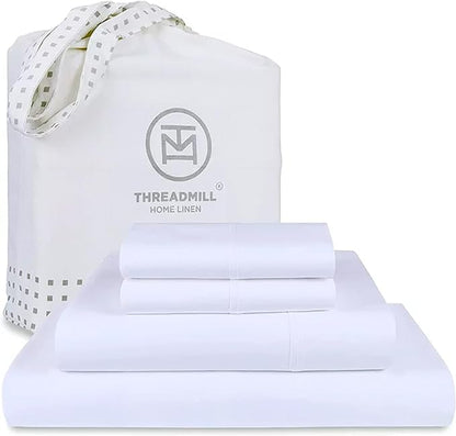 Threadmill Supima Cotton Sheets - 1200 Thread Count, 100% Cotton Cal King Bed Sheets Set, 4 Pc White with Elasticized Deep Pocket