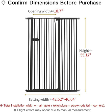 Lumizone Extra Tall Cat Gate 55.12" High Pressure Mounted Extra Wide 2025 New (17 Sizes) 1.37" Gap No Drilling Auto-Close One-Handed Operation Tall Pet Gate for Dogs(Black, 55.12" H x 42.52"-46.64" W)