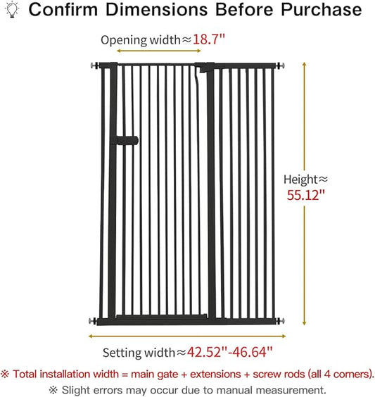 Lumizone Extra Tall Cat Gate 55.12" High Pressure Mounted Extra Wide 2025 New (17 Sizes) 1.37" Gap No Drilling Auto-Close One-Handed Operation Tall Pet Gate for Dogs(Black, 55.12" H x 42.52"-46.64" W)