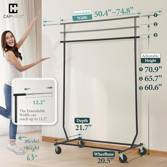 CAPHAUS Heavy Duty Clothes Rack, 220LBS Capacity Rolling Clothing Rack for Hanging Clothes, Adjustable Metal Wardrobe Rack, Portable Garment Rack with Wheels and Extendable Rod, Black