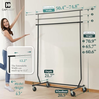 CAPHAUS Heavy Duty Clothes Rack, 220LBS Capacity Rolling Clothing Rack for Hanging Clothes, Adjustable Metal Wardrobe Rack, Portable Garment Rack with Wheels and Extendable Rod, Black