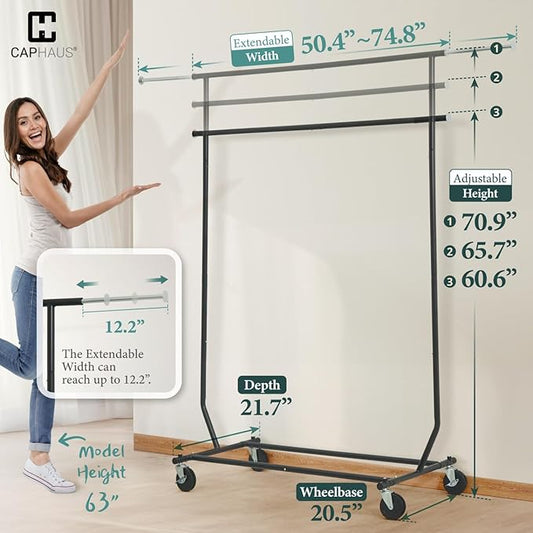CAPHAUS Heavy Duty Clothes Rack, 220LBS Capacity Rolling Clothing Rack for Hanging Clothes, Adjustable Metal Wardrobe Rack, Portable Garment Rack with Wheels and Extendable Rod, Black