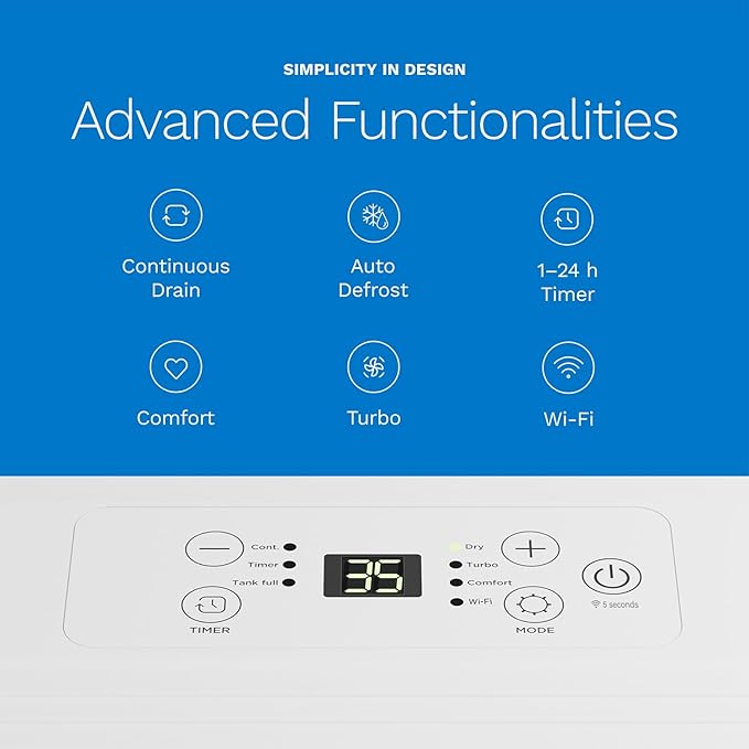 hOmeLabs 8 Pint Wi-Fi Dehumidifier for up to 1,800 Sq Ft Rooms (MAX 24 Pint at 95°F, 90% RH) – Ultra Quiet, Compact Design with Smart Controls and Drain Hose