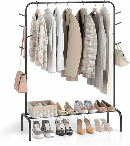 Giantex Clothes Rack for Hanging, 50" Wide Freestanding Garment Rack with Hanging Rod, 8 Hooks & Storage Shelf, Heavy-duty Metal Clothing Racks Wardrobe Organizer for Bedroom, Entryway, Laundry