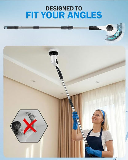 Electric Spin Scrubber, 3-Speed Cordless Shower Scrubber with 90° Adjustable & 10 Replaceable Brush Heads, 90 Mins Runtime & Full-Body IPX7 Waterproof Shower Cleaner Brush with Long Handle